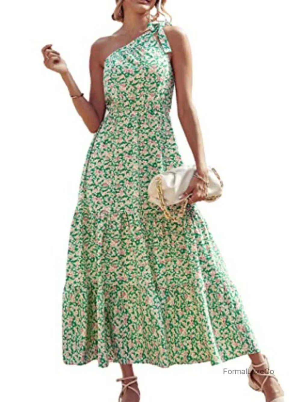 Women One Shoulder Boho Floral Maxi Dress Sleeveless Tiered A-Line Sundress
